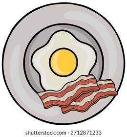 Eine minimalistische Vektorgrafik aus gebratenem Ei und knusprigen Speckstreifen auf einem schlichten grauen Teller, perfekt für Designs zum Thema Frühstück.