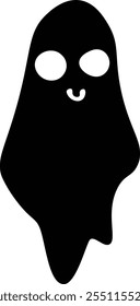 Ilustración vectorial minimalista de un fantasma negro amigable flotando con Grandes ojos blancos y una cara sonriente simple, perfecto para proyectos de halloween