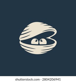 A minimalist vector illustration of a friendly clam with curious eyes peeking out from inside its shell, set against a solid dark blue background.