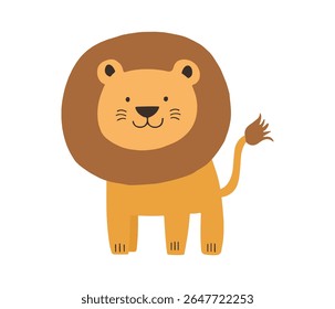 Ilustração vetorial minimalista de um leão amigável com uma juba cheia em tons quentes dourados e marrons. Perfeito para a decoração infantil, arte infantil, temas de safári, branding e gráficos divertidos na web.
