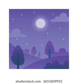 Minimalist vector illustration of a full moon illuminating a serene landscape of rolling hills and stylized trees under a starry night sky, creating a peaceful and magical atmosphere