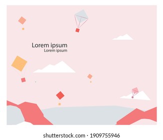Ilustración vectorial minimalista de forma geométrica globo de aire caliente.Fondo de paisaje mínimo de sensación libre.Felices vacaciones.
