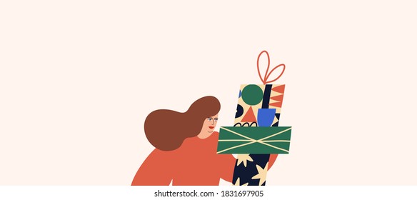 Minimalist vector illustration with a girl holding boxes with presents. Christmas, new year, celebration. Winter holidays. Gifts. Festive image. 