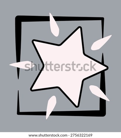Minimalist vector illustration of glowing pink star inside sketchy black square frame. Abstract hand-drawn style concept representing success, achievement, and creativity on neutral grey background