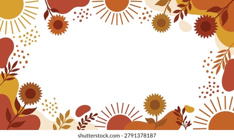 Minimalist vector illustration of a glowing sunset with autumn trees in silhouette.