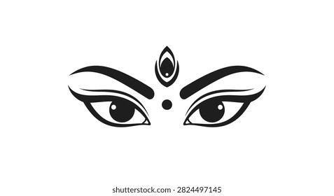 A minimalist vector illustration of Goddess Durga eyes with a traditional third eye symbol isolated on a white background