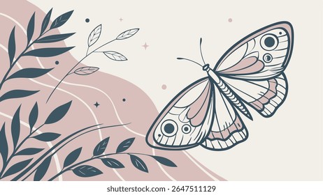 Ilustração vetorial minimalista de uma borboleta graciosa com folhas estilizadas e formas abstratas em cores suaves e serenas. Perfeito para projetos naturais e modernos.