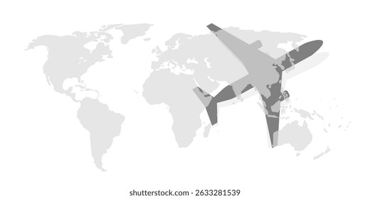 Minimalist vector illustration of a gray world map with a big dark airplane silhouette blending into the continents.. Concept of global travel, aviation, or international transport. Isolated on white.