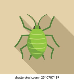 Minimalist vector illustration of a green aphid insect spreading its legs on a light brown background with a long shadow