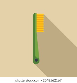 Minimalist vector illustration of a green toothbrush with yellow bristles casting a long shadow on a brown background