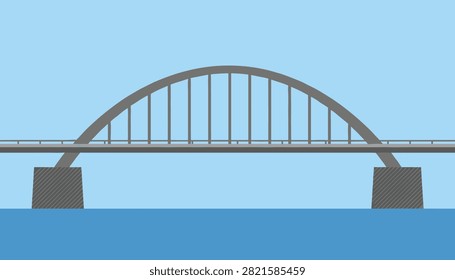 Minimalist vector illustration of a grey modern arch bridge over calm blue water under a clear light blue sky background.