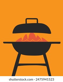 Minimalist vector illustration Grill BBQ vintage poster.  BBQ time. Minimalist Hand drawn poster design in colorful colors. Abstract wall art.  BBQ background for cover, poster, ads.