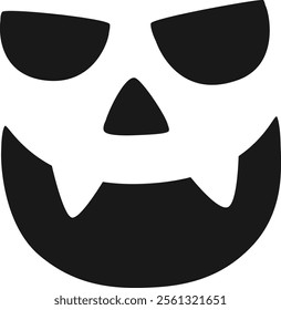 Minimalist vector illustration of a halloween pumpkin face with a scary expression, showing pointed teeth and slanted eyes, ideal for halloween decoration