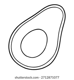 Ilustración vectorial minimalista de un aguacate cortado a la mitad con un hoyo prominente, mostrando líneas limpias y forma esencial.
