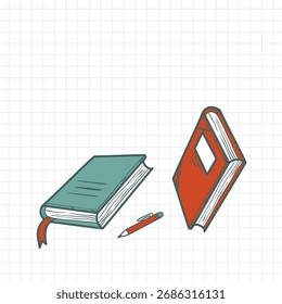 A minimalist vector illustration of hand drawn books and a pen on a grid paper background. Perfect for education-themed projects, academic posters, and study-related banners.