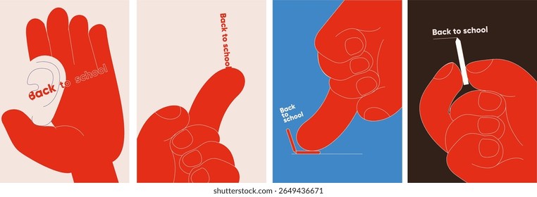 Minimalist vector illustration of a hand and ear with typography "Back to school", symbolizing listening, communication, and learning in education-themed design.
