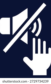 Minimalist vector illustration of a hand gesturing silence over a speaker, representing quiet, mute, or no sound, with halftone effect.