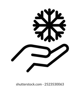 Ilustración vectorial minimalista de una mano sosteniendo un copo de nieve, que simboliza el Clima frío o el cuidado del clima. Trazo editable.