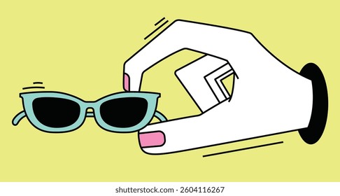 A minimalist vector illustration of a hand holding a pair of beach sunglasses, symbolizing relaxation, summer, and outdoor fun. Ideal for themes of vacation, leisure, and coastal adventures.