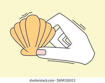 A minimalist vector illustration of a hand holding a seashell, symbolizing nature, the ocean, and tranquility. Ideal for themes of coastal beauty, relaxation, and marine life.