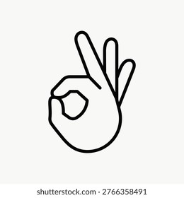 Minimalist vector illustration of a hand making an 'OK' gesture. Simple black line art on a white background, suitable for various design uses.