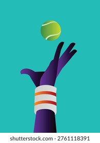 Minimalist vector illustration of a hand reaching up to a tennis ball, featuring vibrant purple and teal gradients.
