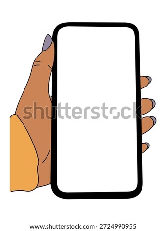 Minimalist vector illustration of a hand in a yellow sleeve holding a black smartphone with purple nails, clean modern style on a white background.