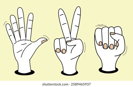 A minimalist vector illustration of hands playing rock, paper, scissors, symbolizing fun, competition, and decision-making. Ideal for playful, casual, and game-related themes.