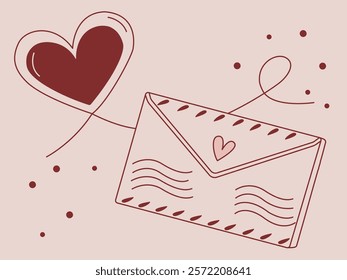 Minimalist vector illustration of a heart and envelope in doodle style. Romantic theme with playful lines, deep red accents, and beige background. Ideal for Valentines Day or love-themed designs