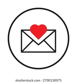 Ilustração vetorial minimalista de um coração posicionado acima de um envelope, situado dentro de um círculo, simbolizando mensagens de amor. Representa comunicação digital, afeto ou temas do Dia dos Namorados com