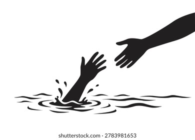 Minimalist vector illustration of a helping hand reaching out to rescue a drowning person in water, featuring black silhouette design with ripple splash effect on a clean background.