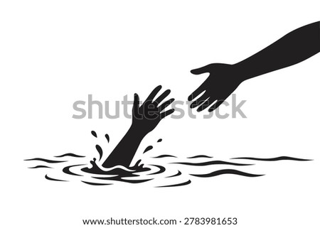 Minimalist vector illustration of a helping hand reaching out to rescue a drowning person in water, featuring black silhouette design with ripple splash effect on a clean background.