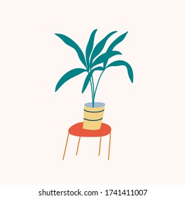 Minimalist vector illustration of houseplant. Depiction of green potted plant standing on orange table. Decorative element. Cute image. For cards, posters, stationery.