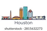 A minimalist vector illustration of the Houston, Texas skyline featuring famous landmarks and icons for travel and tourism graphic designs.