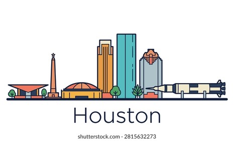 A minimalist vector illustration of the Houston, Texas skyline featuring famous landmarks and icons for travel and tourism graphic designs.