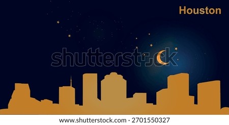  A minimalist vector illustration of Houston's nighttime skyline against a deep dark blue sky. At the top is a thin golden crescent moon with a soft glow, surrounded by several small stars.

