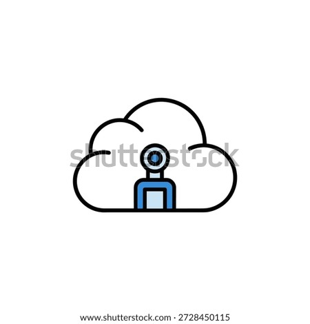 Minimalist vector illustration of a human figure standing inside a cloud, representing cloud computing, remote work, or digital presence.