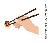 A minimalist vector illustration of a human hand holding chopsticks with food