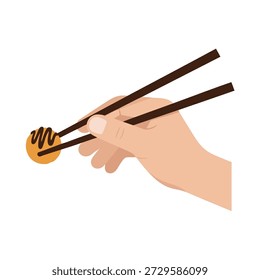 A minimalist vector illustration of a human hand holding chopsticks with food