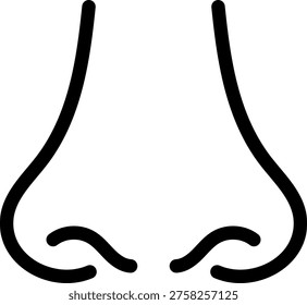 Ilustración vectorial minimalista de una nariz humana vista desde el frente, creada con un contorno negro limpio. Diseño de arte lineal simple y moderno, adecuado para proyectos de anatomía, belleza, atención médica y gráficos. Aislado y editable.