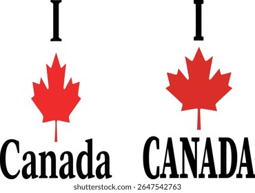 Minimalist vector illustration of "I love Canada" design with red maple leaf icon on transparent background for patriotic use