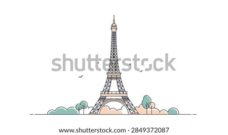 Minimalist vector illustration of the iconic Eiffel Tower in Paris surrounded by stylized trees and flying birds in the sky.