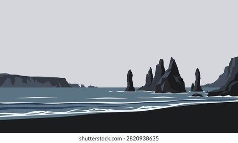 A minimalist vector illustration of the iconic Reynisdrangar basalt sea stacks on a black sand beach in Iceland under a cloudy sky.