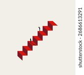 Minimalist vector illustration of an impossible situation, business dilemma, or unending challenge. Two small figures stand on an optical illusion of a red, non-ending staircase