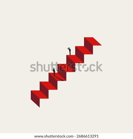 Minimalist vector illustration of an impossible situation, business dilemma, or unending challenge. Two small figures stand on an optical illusion of a red, non-ending staircase