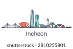 A minimalist vector illustration of the Incheon skyline featuring famous landmarks on a clean white background for travel and tourism designs.