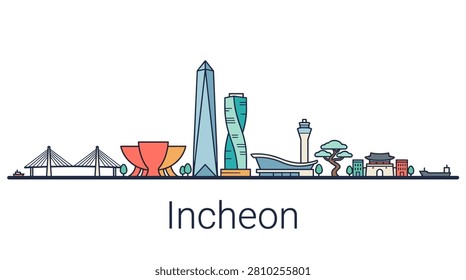 A minimalist vector illustration of the Incheon skyline featuring famous landmarks on a clean white background for travel and tourism designs.