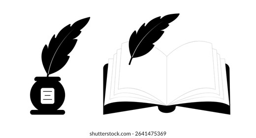 Minimalist vector illustration of an ink bottle with a quill and an open book, symbolizing literature, writing, poetry, creativity, education, and classic storytelling in black and white style.