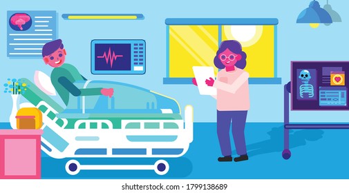 Minimalist vector illustration of the inside of hospital room with patient and doctor interacting with each other. 
