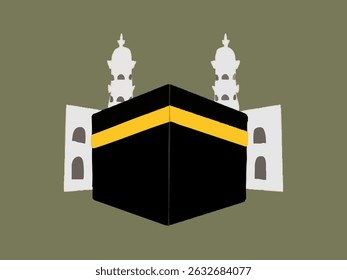 Minimalist Vector Illustration of Kaaba in Mecca with Mosque Towers – Islamic Hajj Symbol Art for Pilgrimage and Worship Themes	